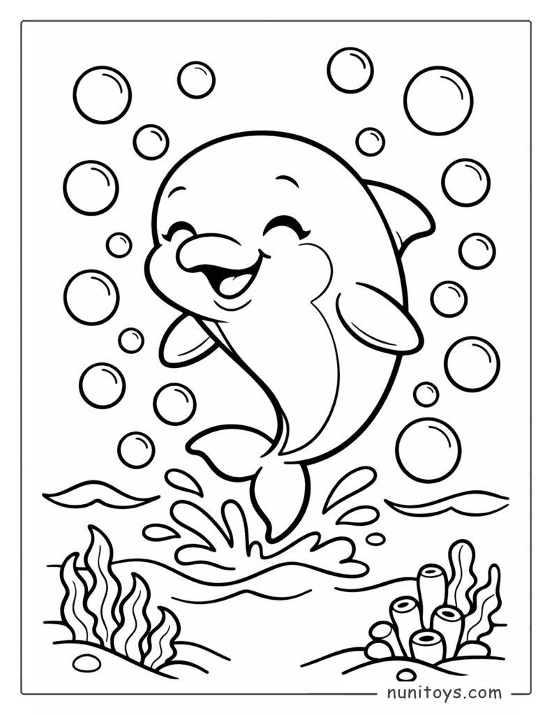 Happy Dolphin Jumping with Bubbles Underwater Coloring Page