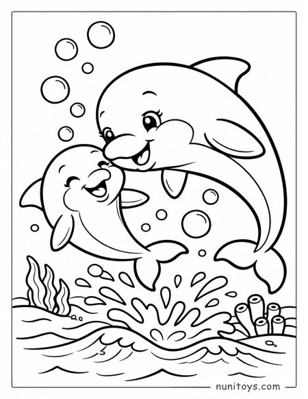 Dolphin and Baby Playing Together Underwater Coloring Page