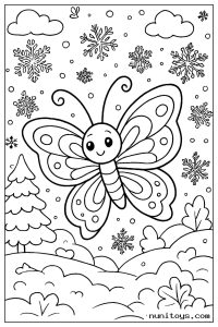 Butterfly Among Falling Snowflakes in a Winter Scene