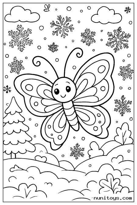 Butterfly Among Falling Snowflakes in a Winter Scene