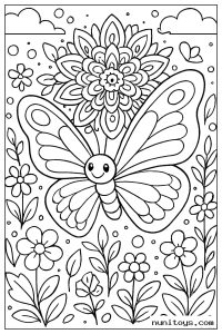 Butterfly Beneath a Floral Mandala Garden Coloring Sheet
