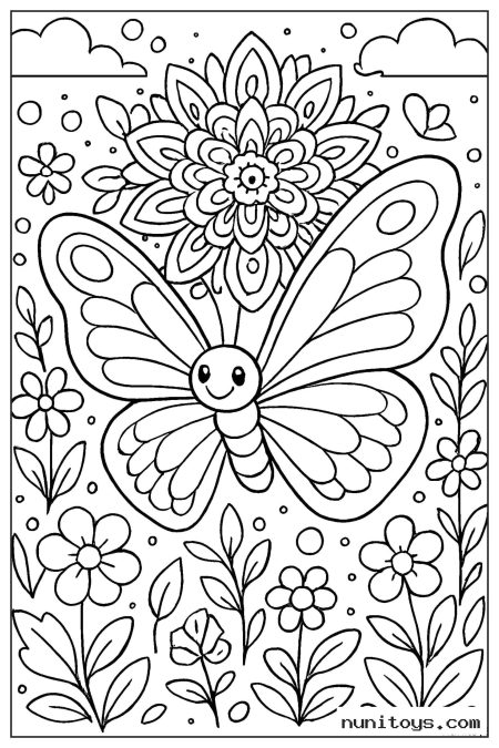 Butterfly Beneath a Floral Mandala Garden Coloring Sheet