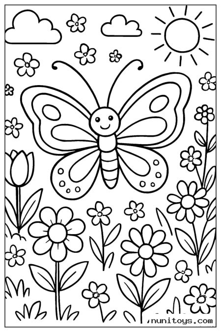 Butterfly Floating Above Blooming Garden Flowers