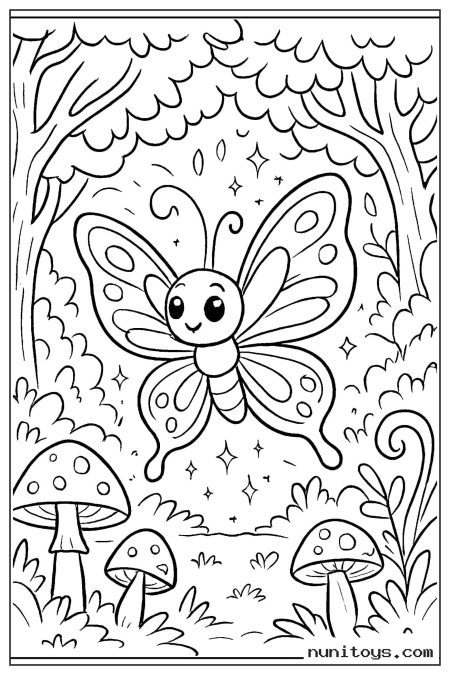 Butterfly Fluttering in a Magical Forest with Mushrooms
