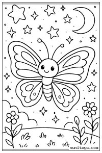 Butterfly Flying Under Moon and Stars Coloring Page