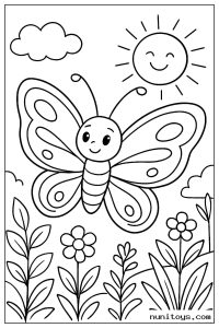 Butterfly Flying Under a Smiling Sun Coloring Sheet