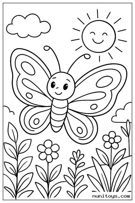 Butterfly Flying Under a Smiling Sun Coloring Sheet