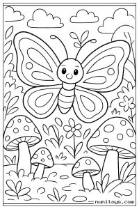 Butterfly Hovering Above Mushrooms in a Forest Clearing