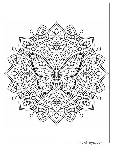 Butterfly Mandala Coloring Page with Floral Rings