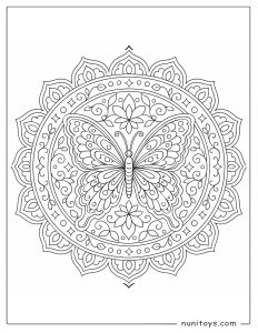 Butterfly Mandala Coloring Sheet with Floral Border
