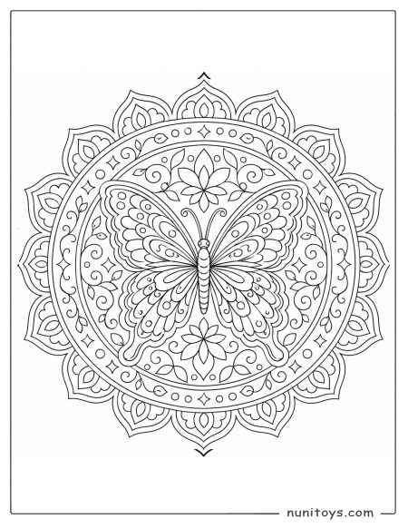 Butterfly Mandala Coloring Sheet with Floral Border