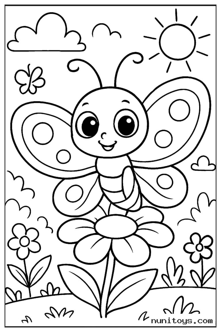 Coloriage papillon mignon posé sur une grande fleur