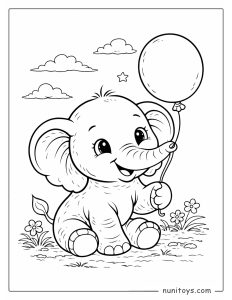 Página para colorear elefante bebé con un globo