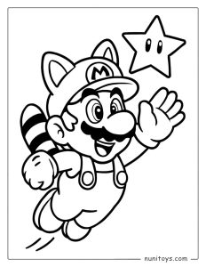 Coloriage de Mario chat volant vers une étoile magique