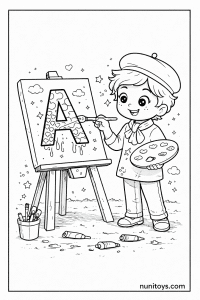 Cheerful Artist Painting Letter A Coloring Page for Kids