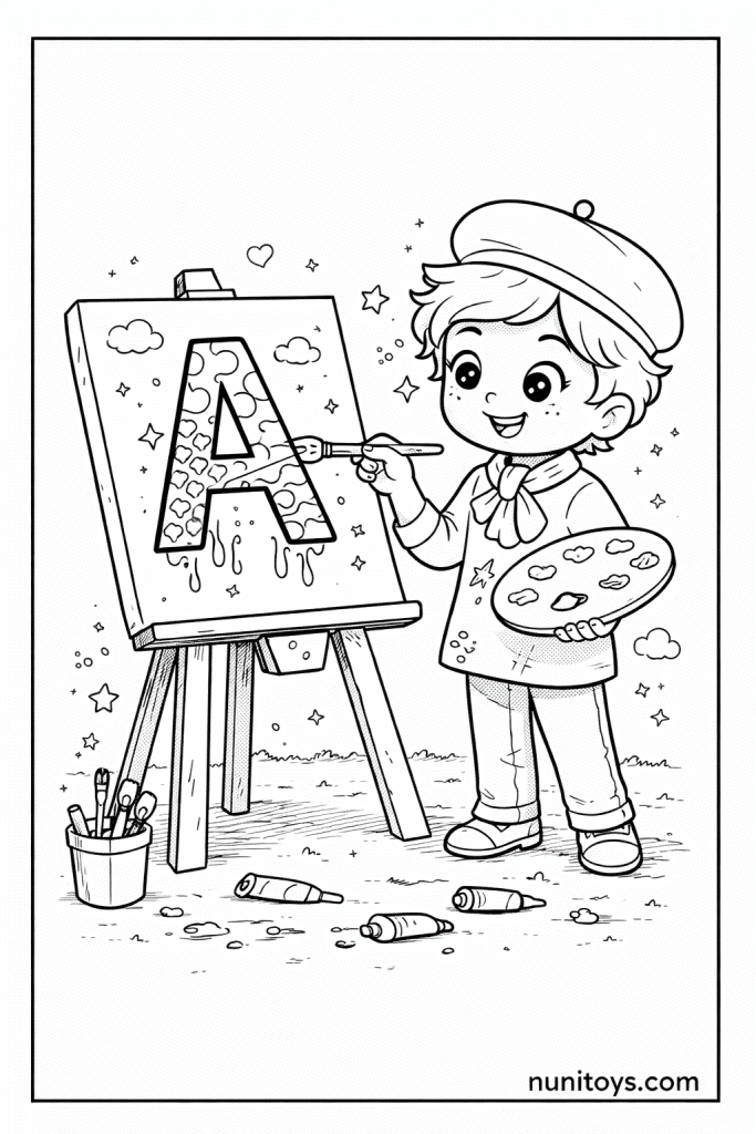 Cheerful Artist Painting Letter A Coloring Page for Kids