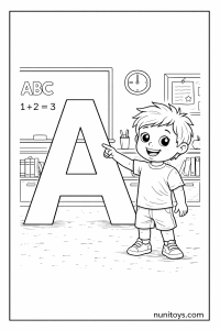Child Pointing at Letter A Classroom Coloring Page