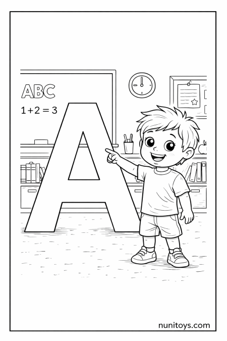 Child Pointing at Letter A Classroom Coloring Page