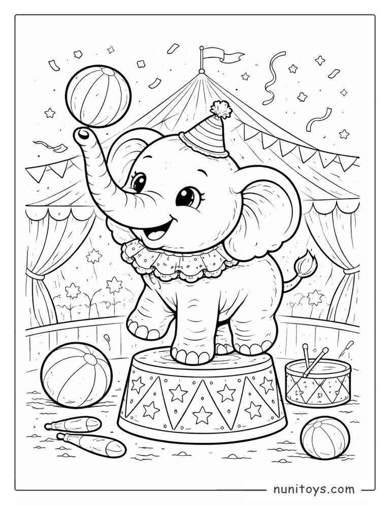 Coloriage éléphanteau de cirque équilibrant un ballon sur sa trompe