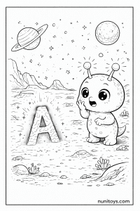 Cute Alien Discovering Letter A Coloring Page in Space