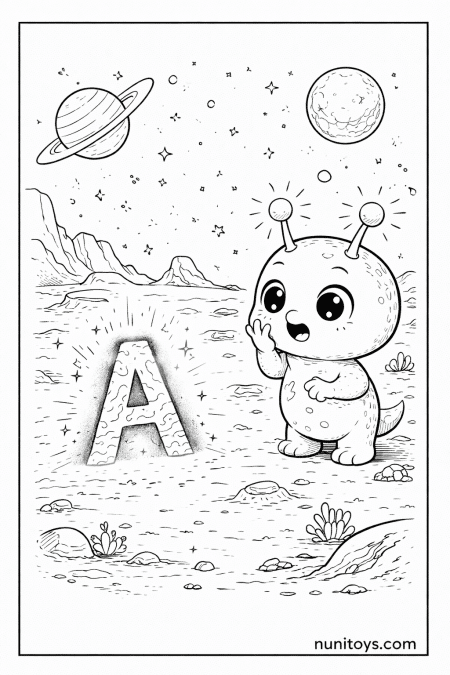 Cute Alien Discovering Letter A Coloring Page in Space