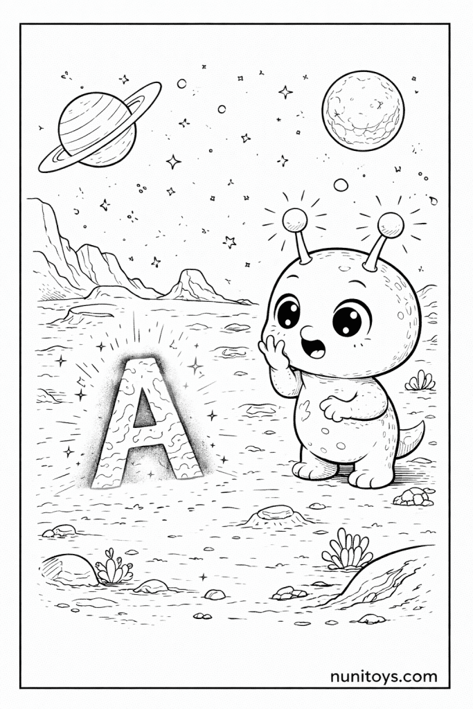 Cute Alien Discovering Letter A Coloring Page in Space