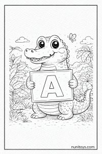Cute Alligator Holding Letter A Coloring Page in Jungle