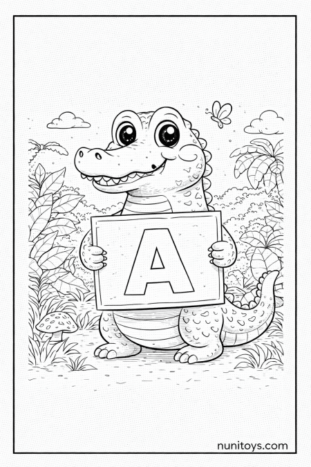 Cute Alligator Holding Letter A Coloring Page in Jungle