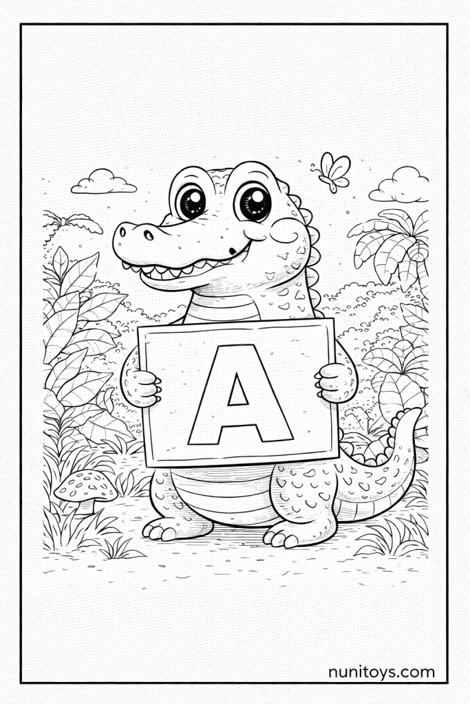 Cute Alligator Holding Letter A Coloring Page in Jungle