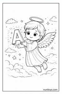 Cute Angel Holding Letter A Coloring Page in the Sky