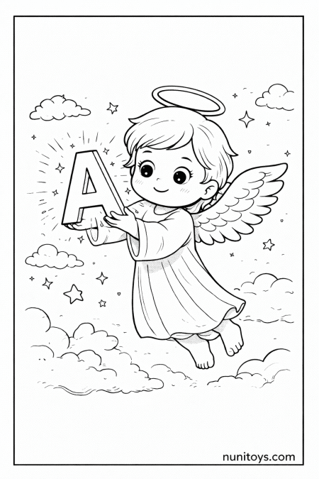 Cute Angel Holding Letter A Coloring Page in the Sky