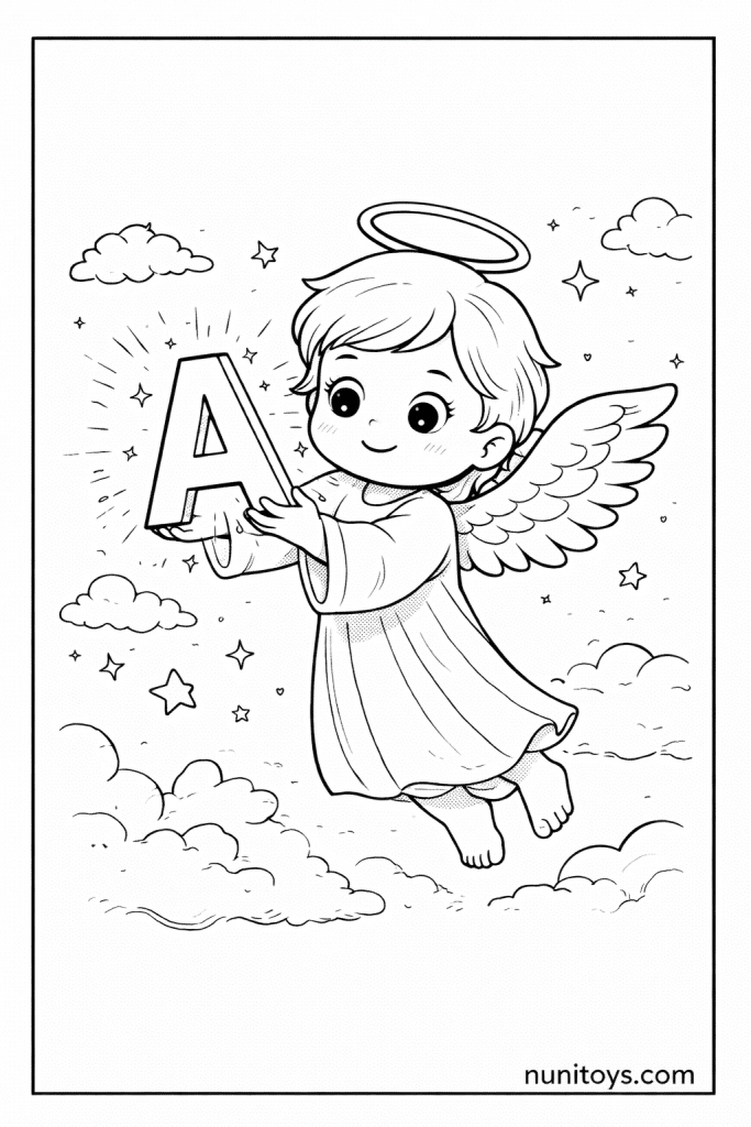 Cute Angel Holding Letter A Coloring Page in the Sky