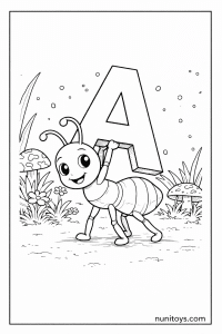 Cute Ant Carrying Letter A Coloring Page for Kids
