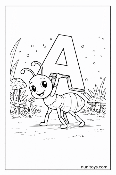 Cute Ant Carrying Letter A Coloring Page for Kids