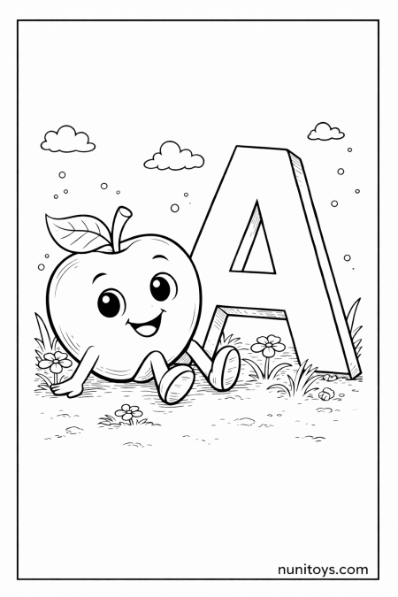 Cute Apple Next to Letter A Coloring Page for Kids