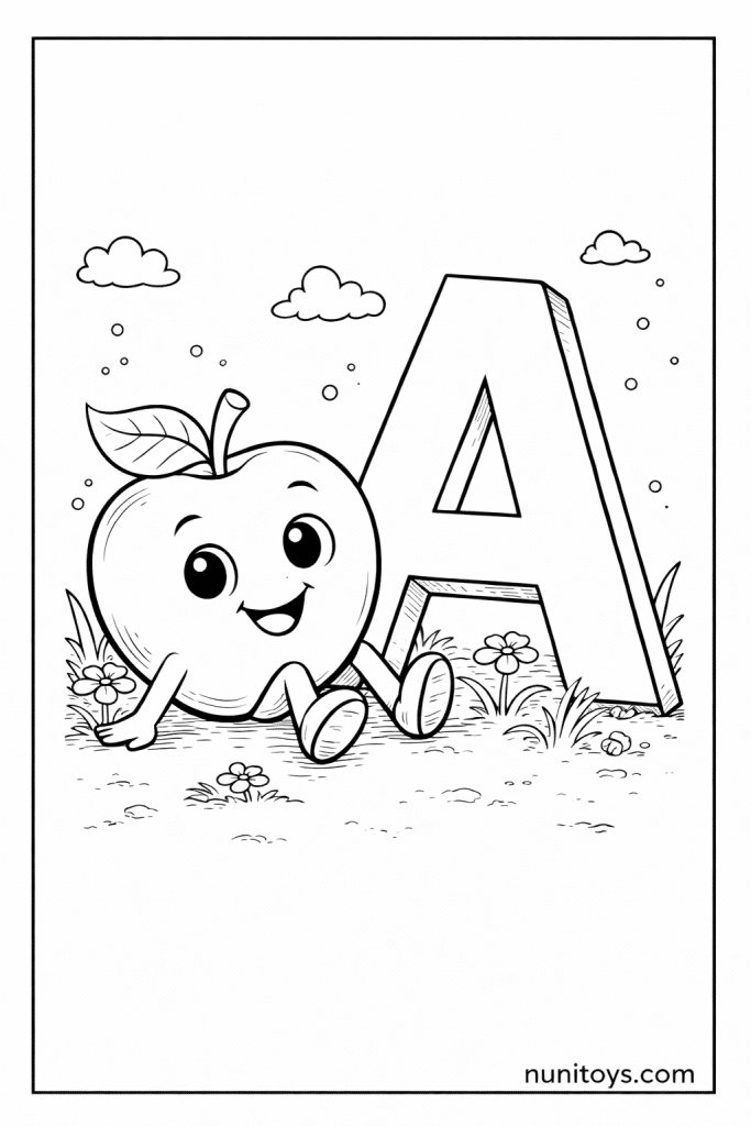Cute Apple Next to Letter A Coloring Page for Kids