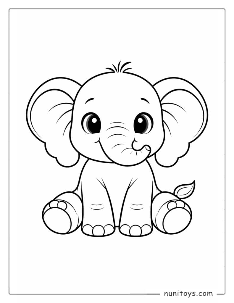 Página para colorear elefante bebé sonriente sentado
