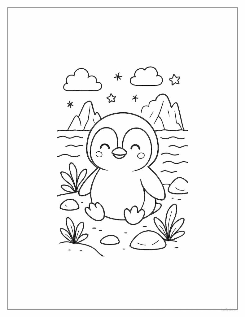 דף צביעה פינגווין תינוק חמוד יושב ליד המים עם הרים ברקע
