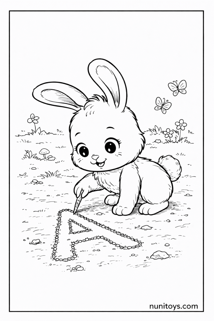 Cute Bunny Drawing Letter A Coloring Page for Kids