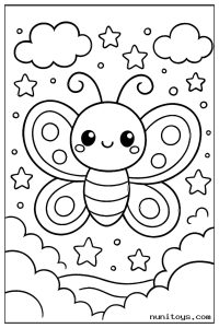 Cute Butterfly Floating Among Stars and Clouds Coloring Page