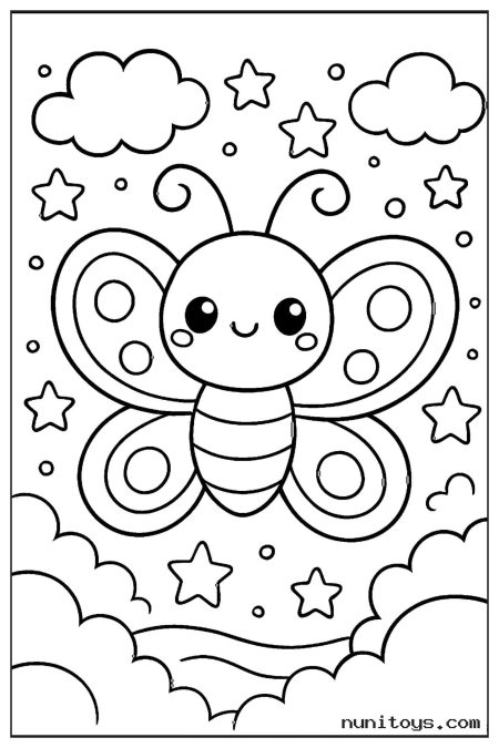 Cute Butterfly Floating Among Stars and Clouds Coloring Page