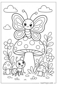 Cute Butterfly Sitting on a Spotted Mushroom with Friendly Ant Coloring Page