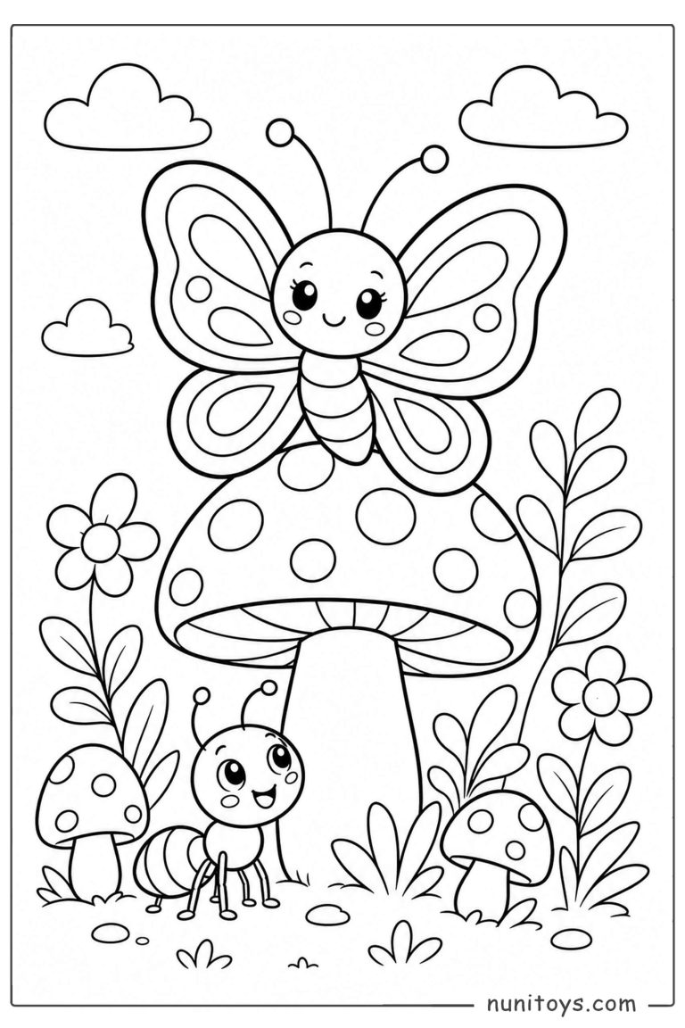 Coloriage papillon mignon posé sur un grand champignon à pois