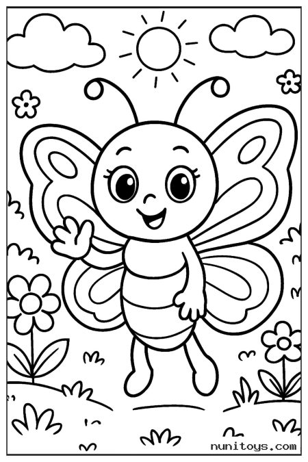 Cute Butterfly Waving in a Sunny Field Coloring Sheet