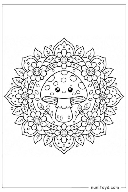 Cute Mushroom Floral Mandala Coloring Page