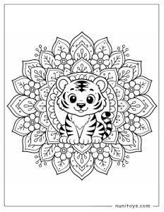 Cute Tiger Cub Floral Mandala Coloring Page