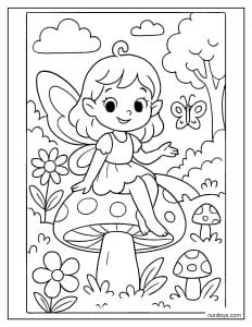 דף צביעה פיה חמודה יושבת על פטרייה קסומה