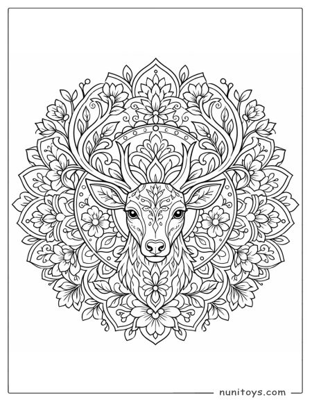 Deer Head Floral Mandala Coloring Sheet