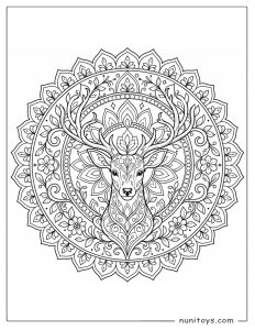Deer Head Mandala Coloring Page with Leafy Antlers