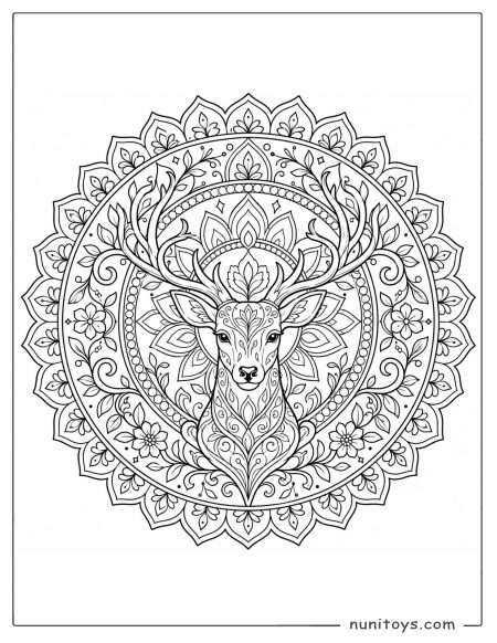 Deer Head Mandala Coloring Page with Leafy Antlers